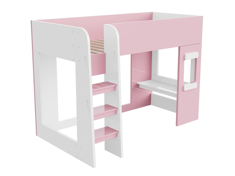 Lit mezzanine enfant 90x200 cm avec bureau et led, rose et blanc, sans matelas - Conforama D
