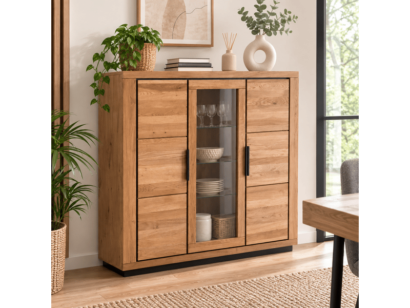  Vaisselier vitrine 3 portes dont 1 porte centrale vitrée , coloris chêne massif huilé - longueur 153 x hauteur 142 x profondeur 40 cm  - Conforama D