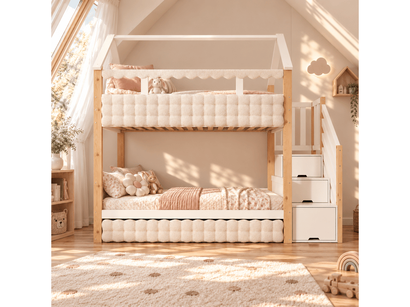 Lit superposé cabane 90x200 cm, lit gigogne 90x190, escalier rangement et bouclette IKSETERA TRADING LTD - Conforama D