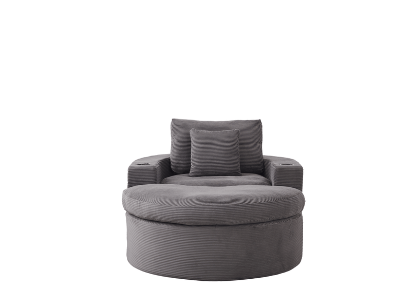  Fauteuil relax rond avec repose-pieds, rangement et porte-gobelet, gris  - Conforama E