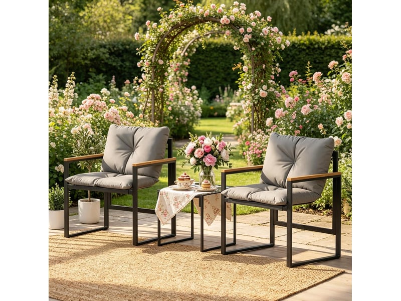  Salon de jardin 2 places noir et gris, fauteuils en métal avec coussins et table 40 cm en verre trempé  - Conforama D
