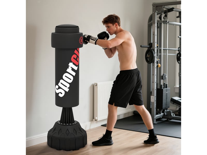  Sac de frappe autoportant de 175 cm pour adultes, hauteur réglable, base à sangle, lestable par ventouses, amortisseur de chocs, noir  - Conforama D