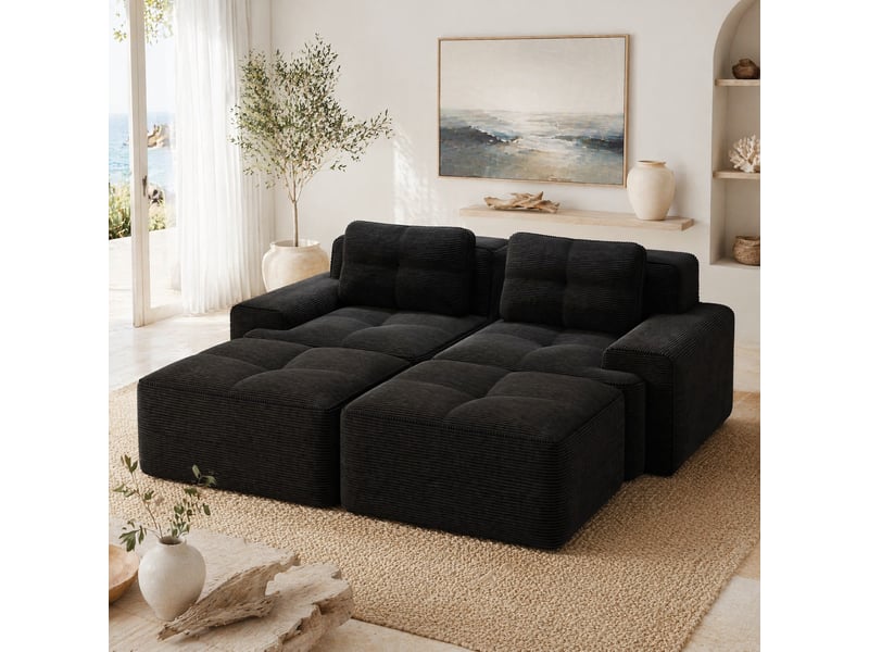 Canapé modulable 2 places en velours côtelé noir avec ottoman - Conforama D