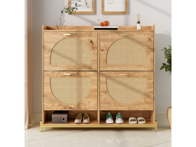  Meuble à chaussures 4 portes effet rotin, 108,5 x 24 x 100 cm, mdf aspect bois, base métallique  - Conforama B