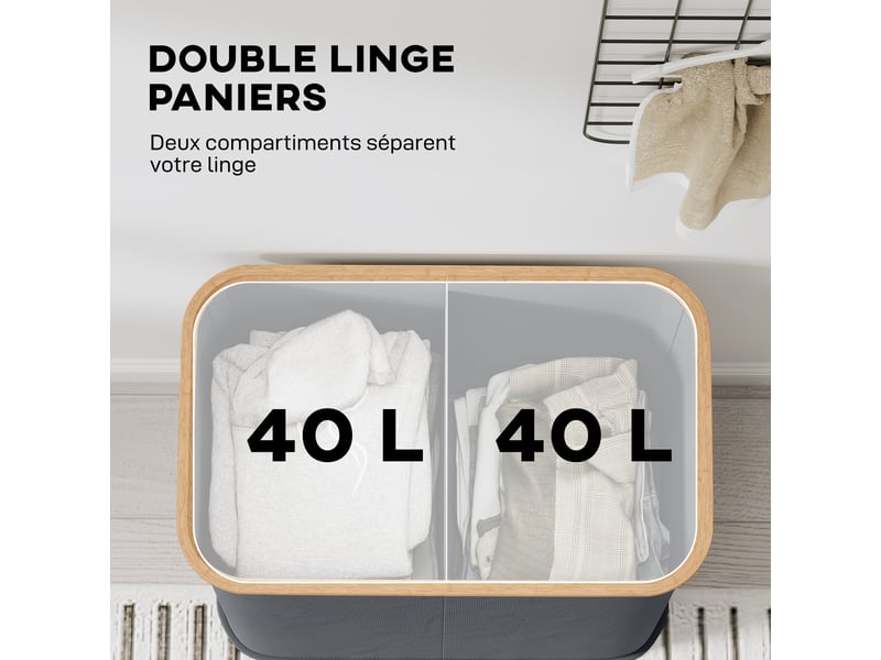  Panier à linge double pliable 80 l corbeille à linge sale avec couvercle, gris, poignées rainurées  - Conforama A