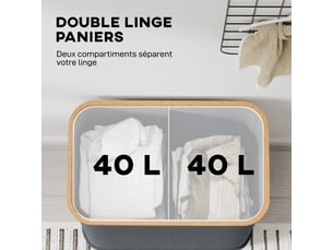Panier à linge double pliable 80 l corbeille à linge sale avec couvercle, gris, poignées rainurées