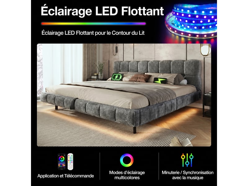  Lit double coffre hydraulique en chenille gris avec led et usb, 140 x 190 cm  - Conforama E