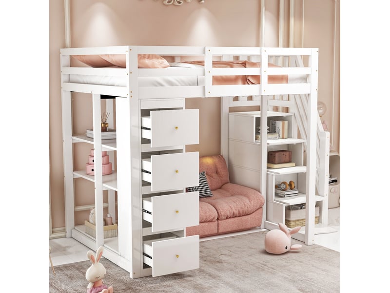  Lit mezzanine 140x200cm, escalier, sommier, étagères, espace de rangement, 4 tiroirs, lit enfant, en bois+mdf, blanc sans matelas  - Conforama E