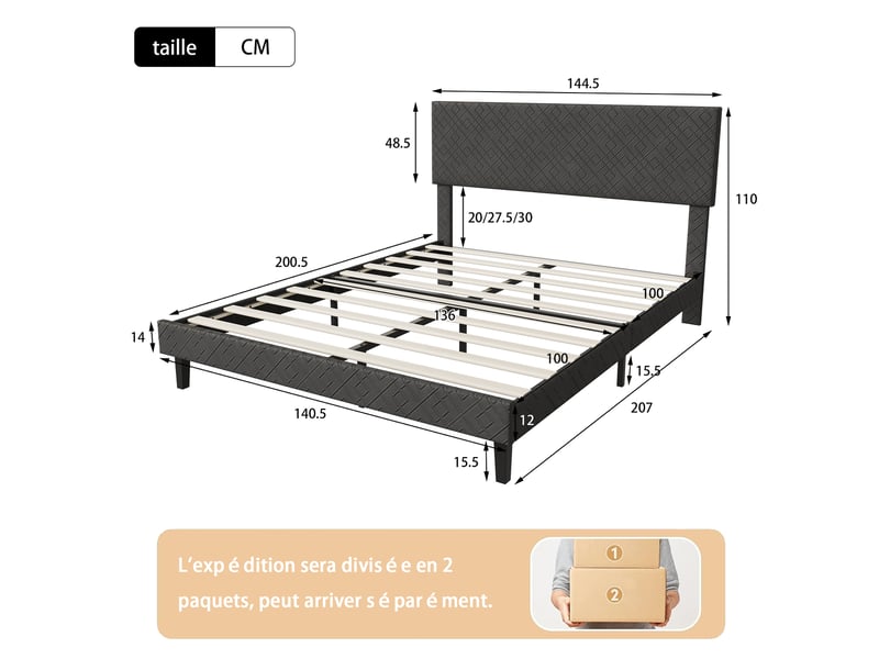  Lit 140 x 200 cm - lit double - avec sommier à lattes - avec tête de lit - tissu lin - gris foncé - lit capitonné  - Conforama W