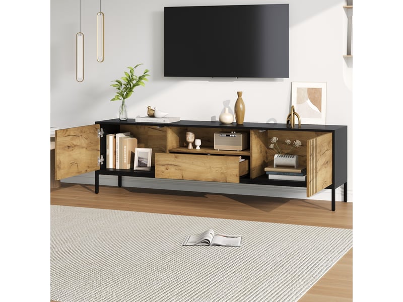  Meuble tv modenvie 170 x 35 x 50 cm avec 2 portes et 1 tiroir chêne et noir  - Conforama D