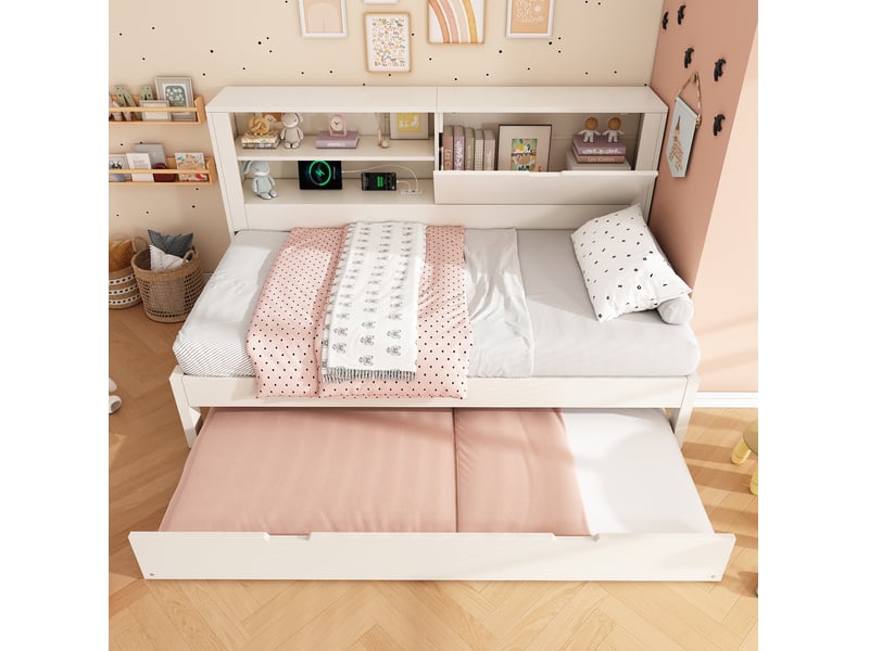  Elvmi lit banquette 90x190 cm avec lit gigogne, rangement intégré au dossier, station de charge usb et usb-c, structure en bois blanc, sommier à lattes, sans matelas  - Conforama E