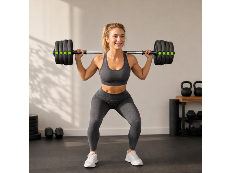  Haltères 4 en 1 de 30 kg avec barre de poids et poignée antidérapante pour musculation, noir et vert  - Conforama C