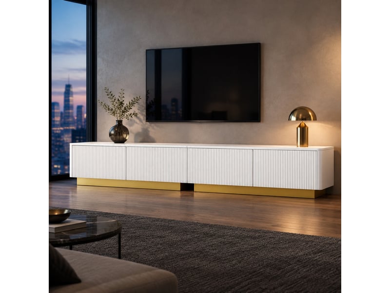  Meuble tv avec tiroirs, portes et passe-câbles, façade rainurée moderne pour salon, en mdf, blanc, 200×40×35 cm  - Conforama B