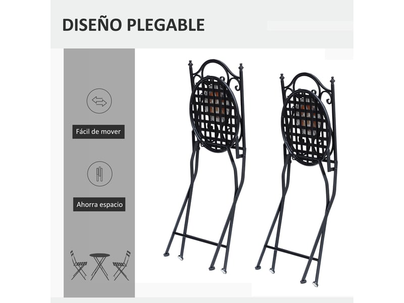 Lot de 2 chaises de jardin pliantes style bistro, assise mosaïque, métal, charge maximale 120 kg, 50 x 40 x 94,5 cm, noir - Conforama E
