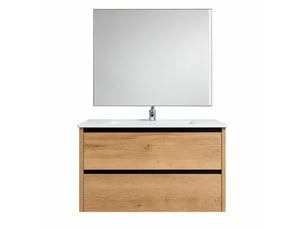 Meuble de salle de bains suspendu 2 tiroirs coloris chêne avec miroir - longueur 80 x profondeur 42,5 x hauteur 50,5 cm