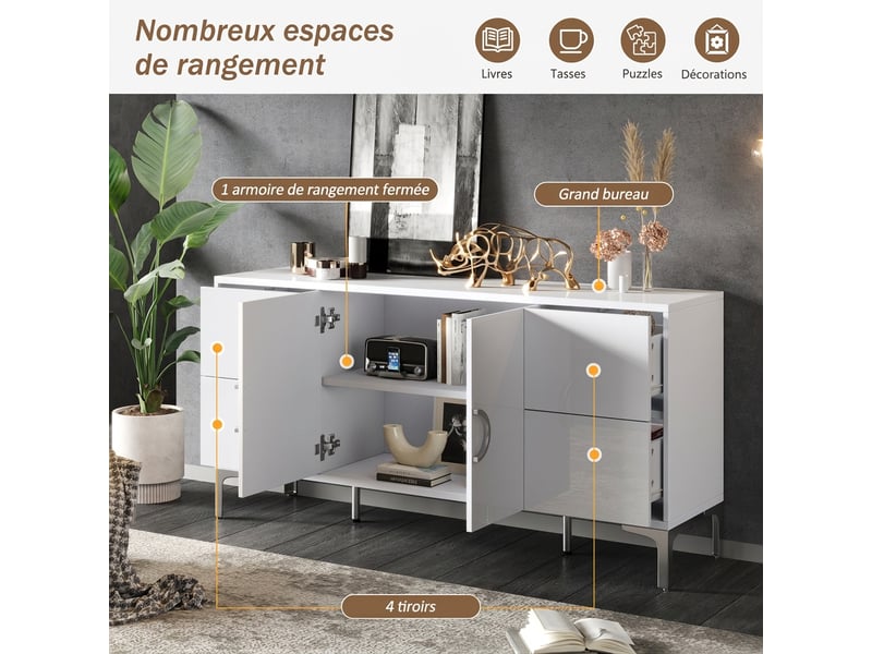  Buffet blanc laqué 150 cm meuble de rangement 4 tiroirs 2 portes mdf pieds en métal  - Conforama E