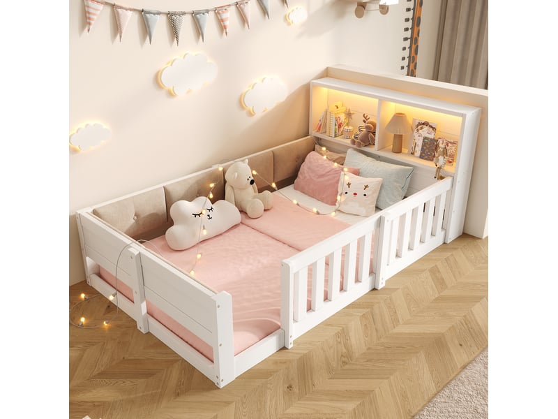  Lit enfant 90 × 200 cm 1 place avec barrières, led réglable et rangements, sans matelas, blanc en panneaux bois  - Conforama B