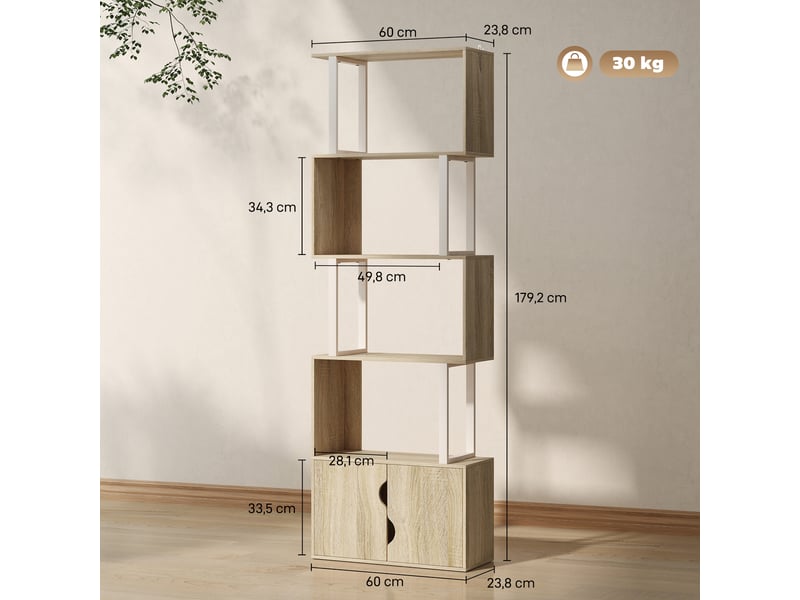  Bibliothèque à 5 niveaux, meuble de rangement avec étagères et placard double porte, 60 x 23,8 x 179,2 cm, bois naturel  - Conforama E