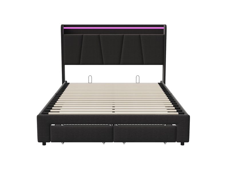  Lit coffre 140x190 avec sommier led, lit double rembourré avec rangement hydraulique et 2 tiroirs, lits 2 personnes pour adultes et ado, gris foncé  - Conforama W