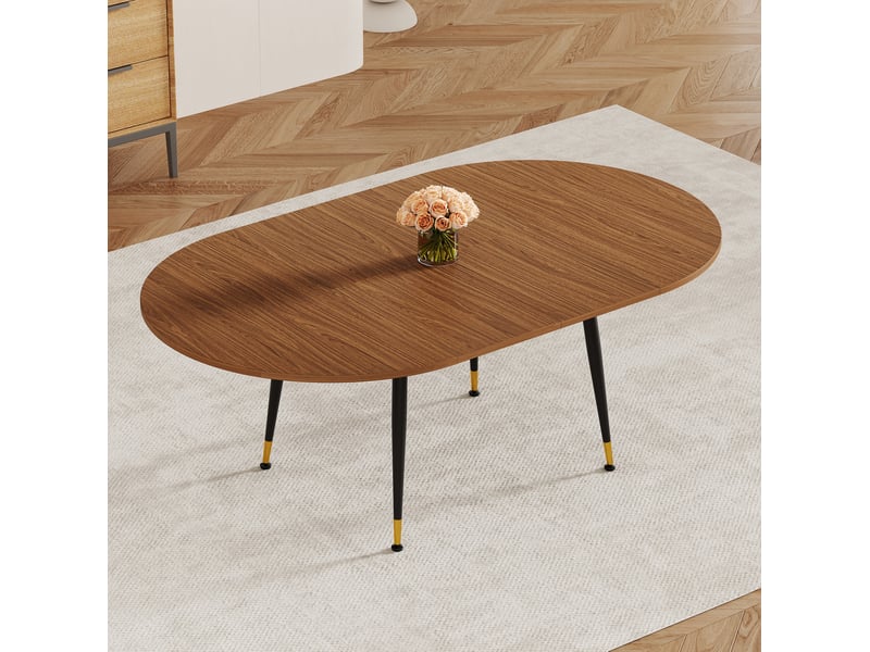  Table de salle à manger ovale avec plateau en mdf et piètement métal, finition noyer et noir pour cuisine et salle à manger  - Conforama C