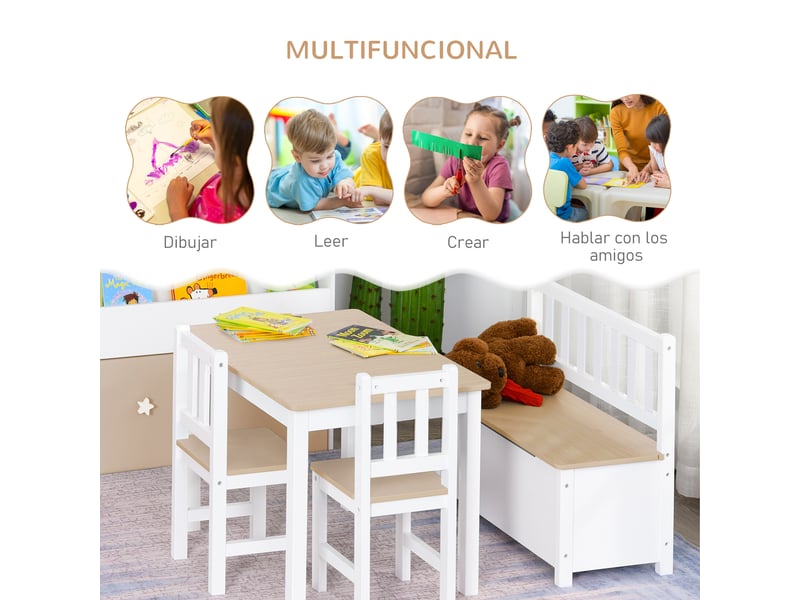 Ensemble table chaises enfant 4 pièces, table, 2 chaises + banc rangement. Dès 3 ans, chambresalle de jeux, blanc et naturel. - Conforama E