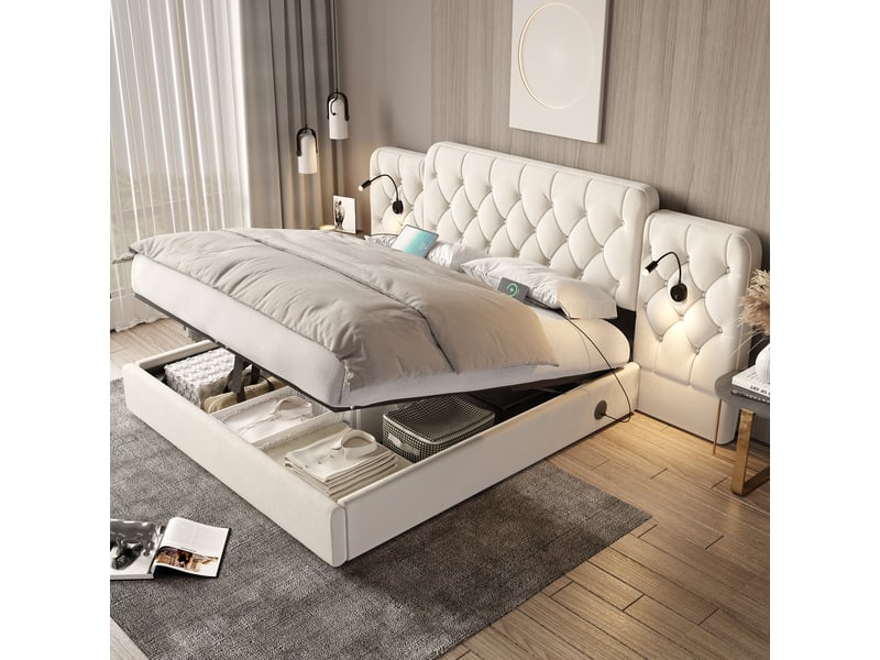  Lit coffre 160 x 200 cm, cadre de lit, velours, plusieurs ports usb, lampe de bureau, beige  - Conforama B