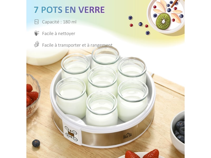 Yaourtière 7 pots de 180ml machine à yaourt électrique en acier inoxydable thermostat réglable blanc 24 x 24 x 13 cm - Conforama A