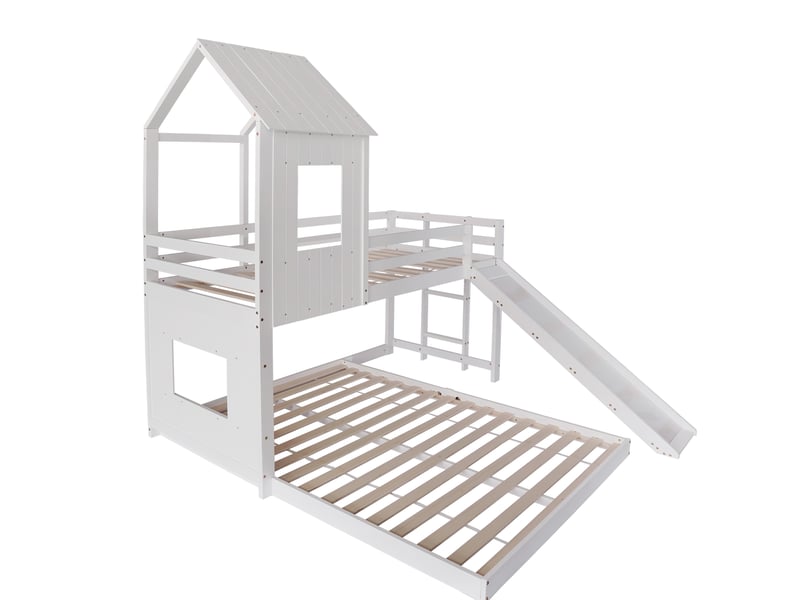  Lit superposé avec toboggan, lit cabane, lit enfant, avec barrière de sécurité, fenêtre et toit, avec échelle à trois marches, pin et mdf, blanc, 90 x 200 cm et 140 x 200 cm  - Conforama E