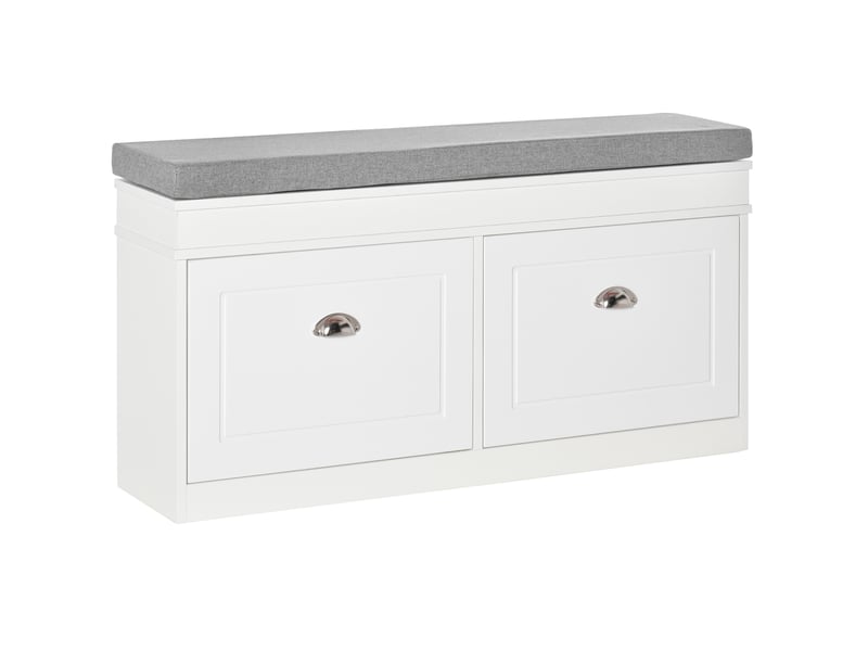  Banc à chaussures en bois gain de place avec coussin, 2 tiroirs et étagère réglable pour 8 paires de chaussures, 104 x 24 x 55 cm, blanc  - Conforama A