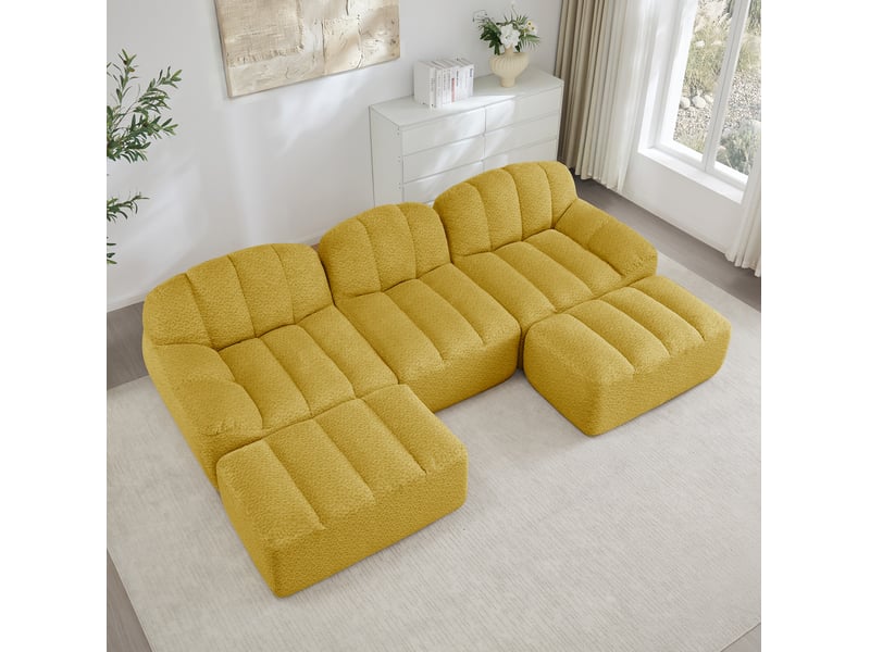 Canapé modulaire en u ulevr 3 places avec 2 poufs, mousse haute densité 32d, tissu bouclette jaune, 288 x 165 x 79 cm - Conforama D