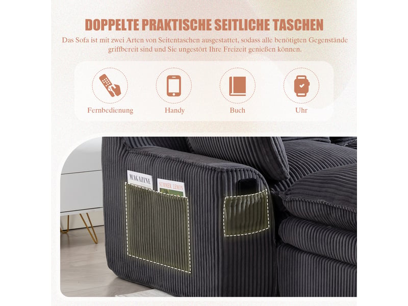  Canapé modulable 4 places en velours côtelé gris foncé avec 2 poufs, coussins et poches latérales  - Conforama E