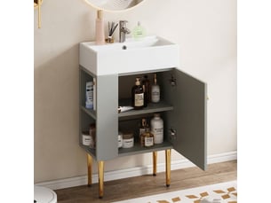 Meuble sous-vasque 55 cm avec vasque en céramique, petit meuble salle de bain sur pied, gris clair