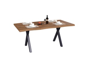 Table à manger 160x78x75 cm pour 4 à 6 personnes, plateau épais 28 mm à bord ondulé, table de salle à manger avec pieds en x métalliques, noyer