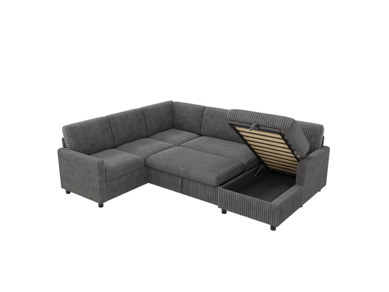 Canapé d'angle panoramique convertible 5 places en velours côtelé gris avec rangement, style moderne - Conforama A