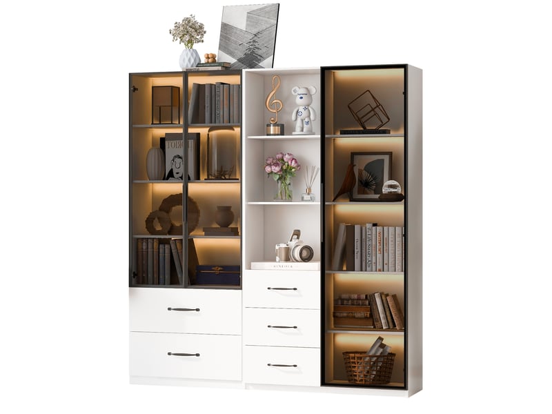  Vitrine led 140 x 40 x 160 cm blanche en panneau de particules, meuble modulaire avec rangements et éclairage  - Conforama A
