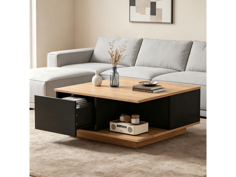Table basse carrée 70 x 70 x 31,5 cm, 3 tiroirs et niche ouverte, panneaux de particules, noir et bois Fay Lum - Conforama E