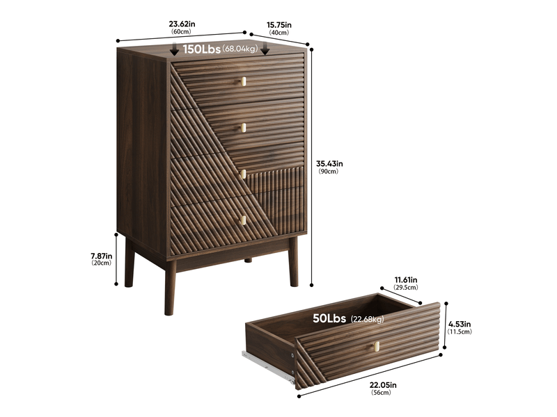  Commode 4 tiroirs 60 x 40 x 90 cm avec panneaux ondulés, boutons en métal doré, noyer foncé  - Conforama C