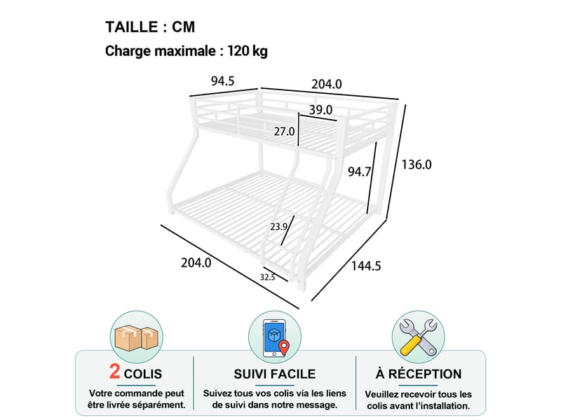 Lit superposé enfant 3 places 90×200 cm et 140×200 cm avec barrière et escalier - okmyhome- métal blanc, sans matelas - Conforama D