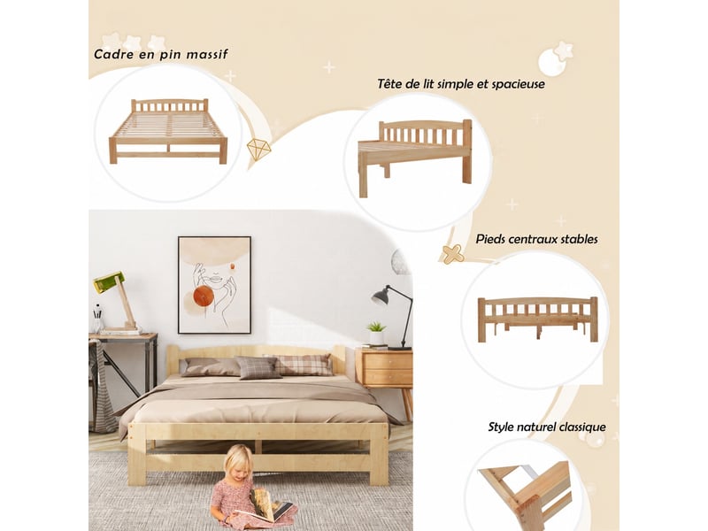  Lit massif solide, futon, tête de lit et sommier à lattes, naturel (140x200cm)  - Conforama D