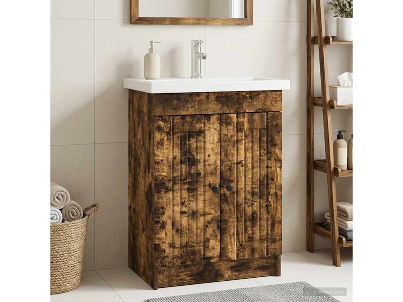  Armoire sous évier de salle de bain, meuble de rangement chêne fumé shl443  - Conforama B