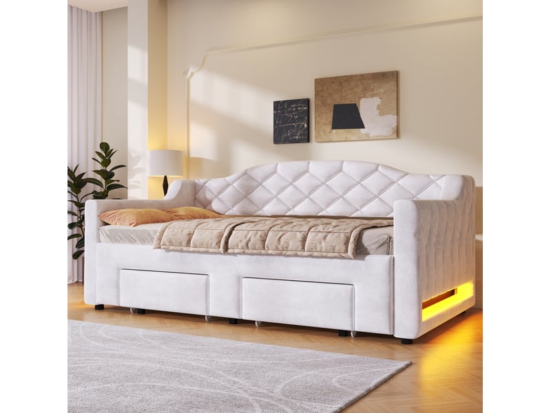  Lit extensible 90x200 à 180x200 cm avec 2 tiroirs et led, velours blanc  - Conforama B