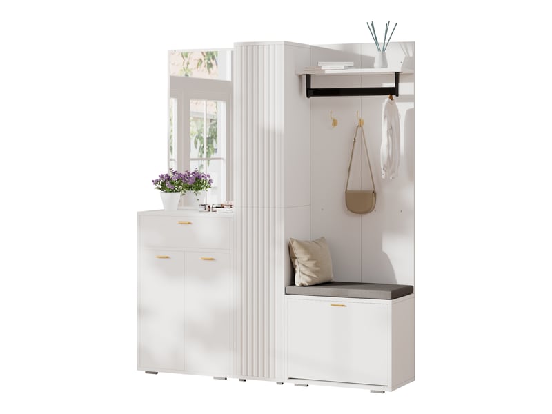 Meuble d'entrée 150x36x180 cm avec miroir, penderie, banc, rangement chaussures, tiroir et 3 portes, vestiaire couloir, mdf, blanc  - Conforama A