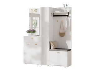 Meuble d'entrée 150x36x180 cm avec miroir, penderie, banc, rangement chaussures, tiroir et 3 portes, vestiaire couloir, mdf, blanc