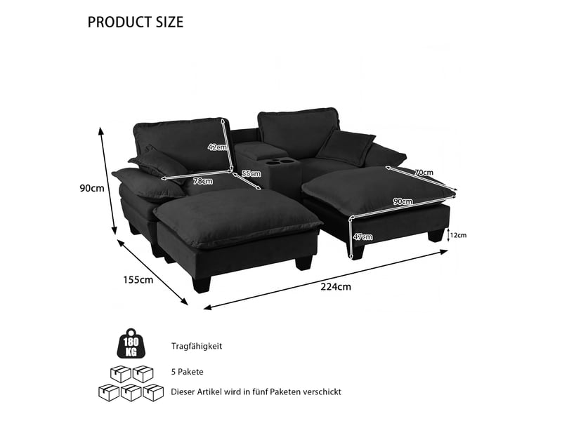  Canapé d’angle modulable, 2 poufs, rangements, ports usb et porte-gobelets, 2 coussins, 224 × 151 × 90 cm, noir  - Conforama C