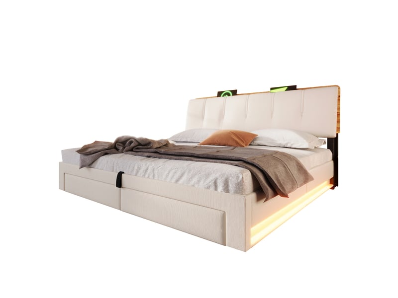 Lit capitonné, 180 x 200 cm, suspension hydraulique, avec port usb type-c, sans matelas, rangement multifonctionnel, éclairage led, commande par bouton-poussoirapplication, lin, beige - Conforama A