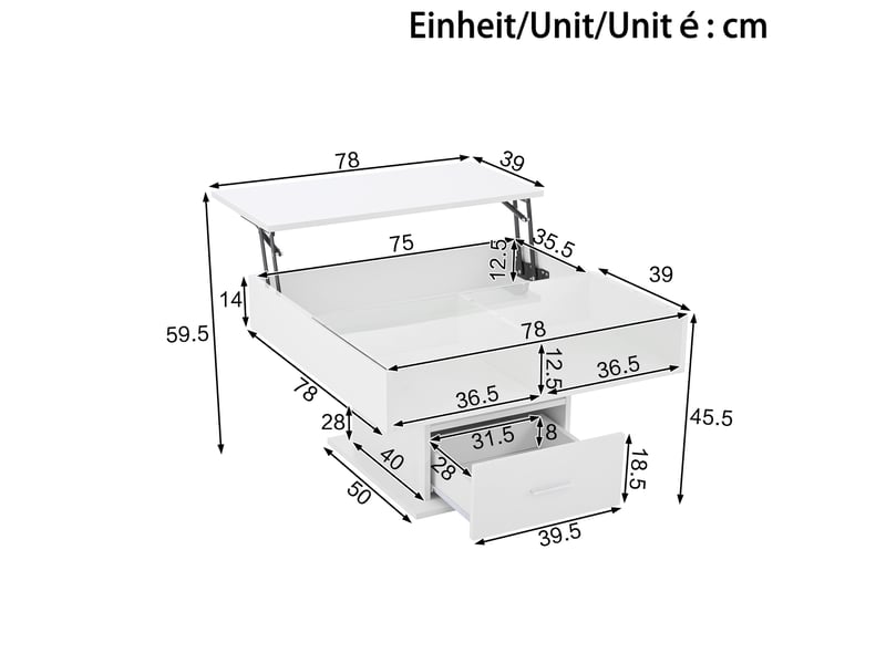  Table basse relevable led avec 1 tiroir et 1 niche, style moderne, pour salon, en panneau de particules, blanc  - Conforama D