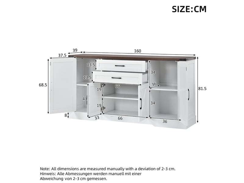  Buffet de cuisine avec 4 portes, 2 tiroirs et 6 étagères réglables, style campagne, blanc et brun, 160 × 39 × 81,5 cm  - Conforama C