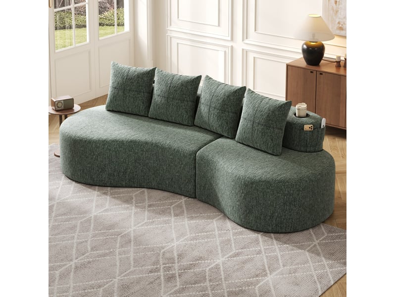  Canapé 4 places vert en lin avec 4 coussins, porte-gobelet et poches latérales  - Conforama D