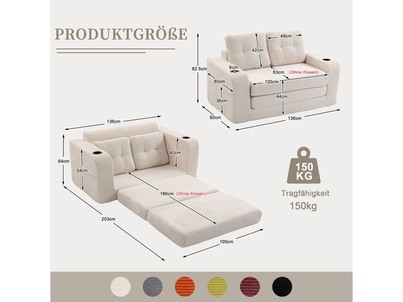 Canapé modulaire 2 places avec porte-gobelets et poches latérales sans cadre en velours côtelé beige 136 × 80 × 82,5 cm - Conforama D