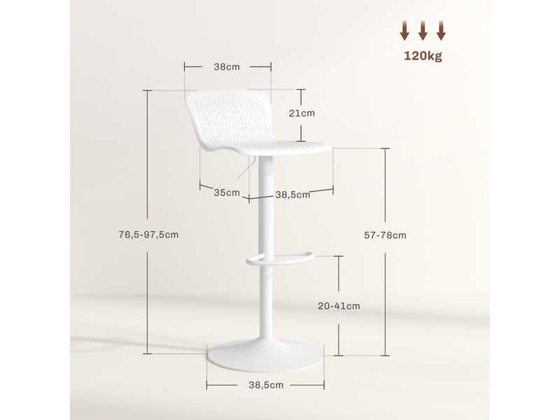  Lot de 2 tabourets de bar, chaises de bar réglable en hauteur, dossier et repose-pieds, 38,5x40x76,5-97,5cm, blanc  - Conforama E